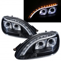 CrazyTheGod W220 1998-2005 Projector Headlight Headlamp R8Look Guide LED Angle-Eye BLACK for Mercedes-Benz LHD